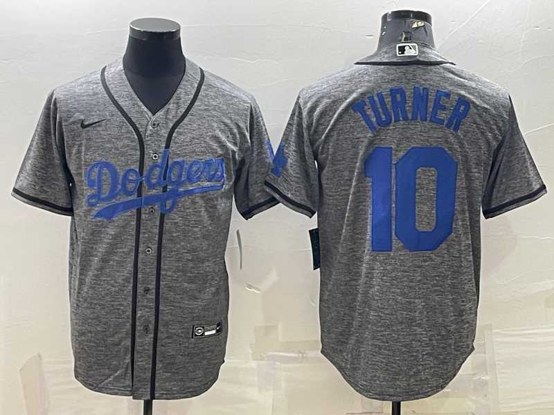 Men%27s Los Angeles Dodgers #10 Justin Turner Grey Gridiron Cool Base Stitched Baseball Jersey